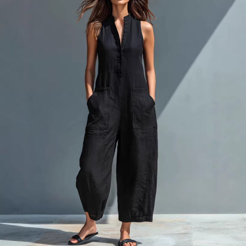 2026 Casual Women's Sleeveless Stand Collar Pocket Jumpsuit