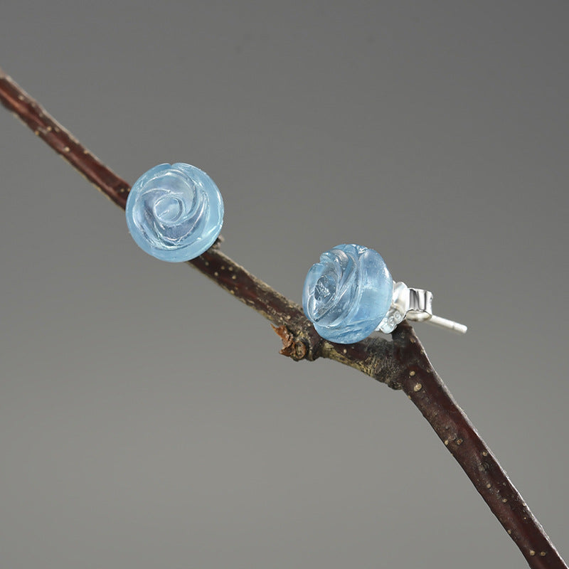 Three-dimensional rose natural crystal S925 women's earrings minimalist creative handmade amazonite earrings