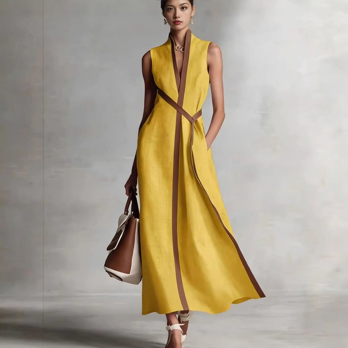 2026 Summer New Arrival Stand Collar Sleeveless Casual Color Block Loose Dress