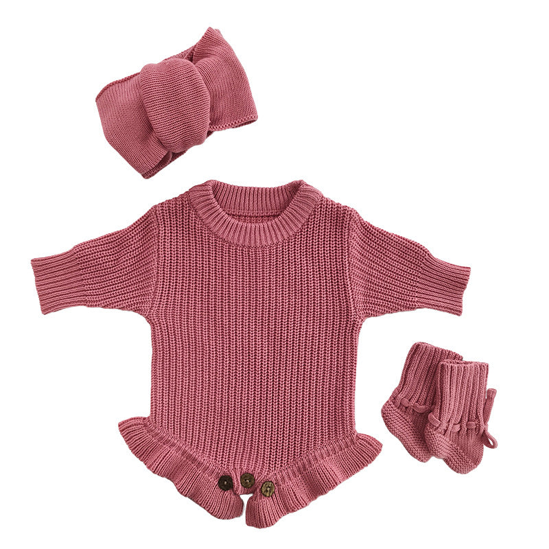Handmade Embroidered Custom Letter Baby Autumn Warm Bodysuit Romper Knit Sweater Crawling Suit