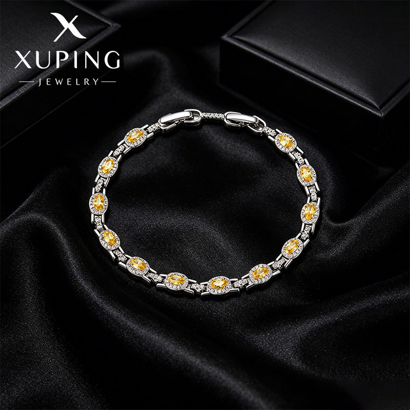 Xuping Gemstone Series Geometric Cabochon Yellow Patchwork Bracelet, Copper Alloy Plated White, Light Luxury Jewelry Wholesale