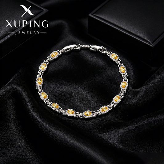 Xuping Gemstone Series Geometric Cabochon Yellow Patchwork Bracelet, Copper Alloy Plated White, Light Luxury Jewelry Wholesale
