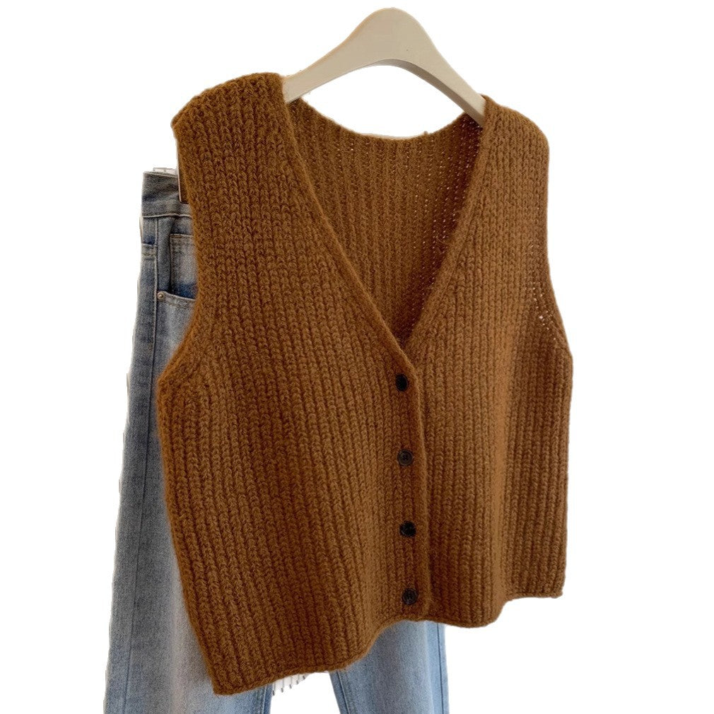 Grey V-neck Knitted Vest for Women, Winter Outerwear Layering Cardigan Sweater Trendy