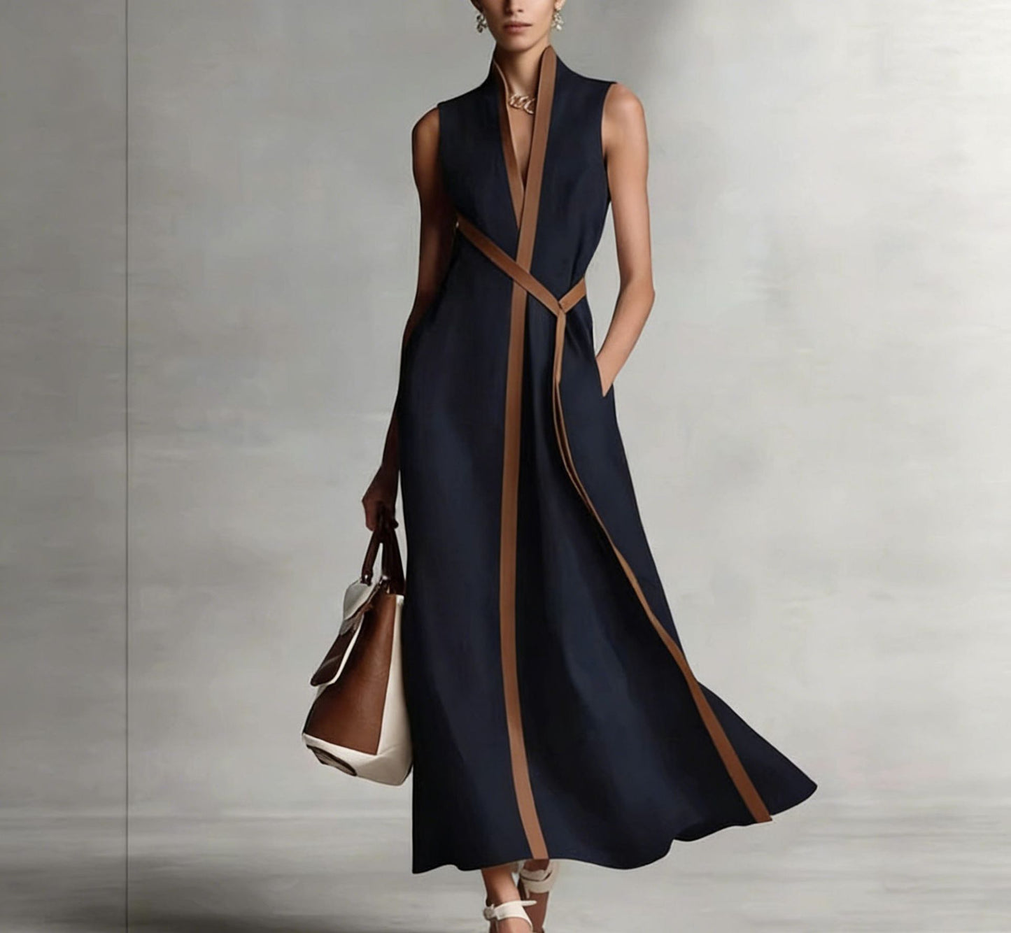 2026 Summer New Arrival Stand Collar Sleeveless Casual Color Block Loose Dress