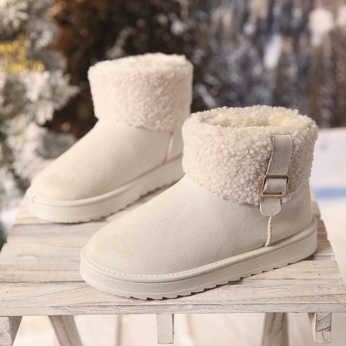 Thick-soled, Fleece-lined, Warm Snow Boots, 2025 Winter New Style, Plus Size, Thick-soled, Solid Color, Buckle, Slip-on Cotton Shoes for Women