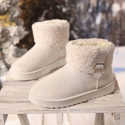 Thick-soled, Fleece-lined, Warm Snow Boots, 2025 Winter New Style, Plus Size, Thick-soled, Solid Color, Buckle, Slip-on Cotton Shoes for Women