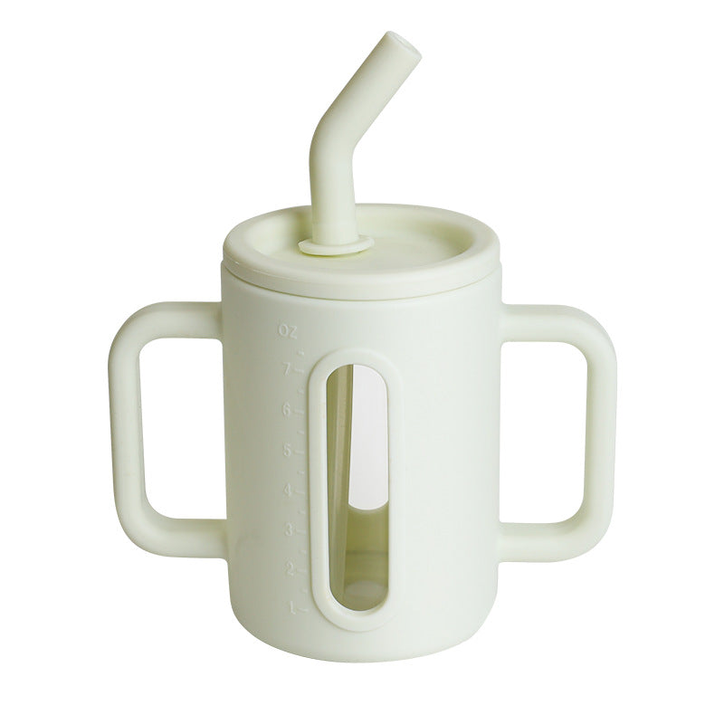 Cross-border Children's Drop-proof Double-layer Silicone Glass Children's Sippy Cup, Baby Food Supplement Water Cup, Silicone Straw Snack Cup