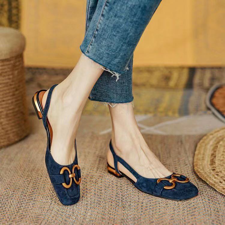 Summer New French Low-Heel Closed-Toe Slip-On Buckle Sandals, Plus Size European and American Style Women's Shoes (Export)