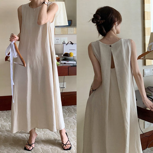 French-style sleeveless vest dress for women, new summer 2026 style, high-end backless loose apricot long dress