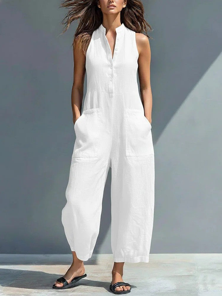 2026 Casual Women's Sleeveless Stand Collar Pocket Jumpsuit