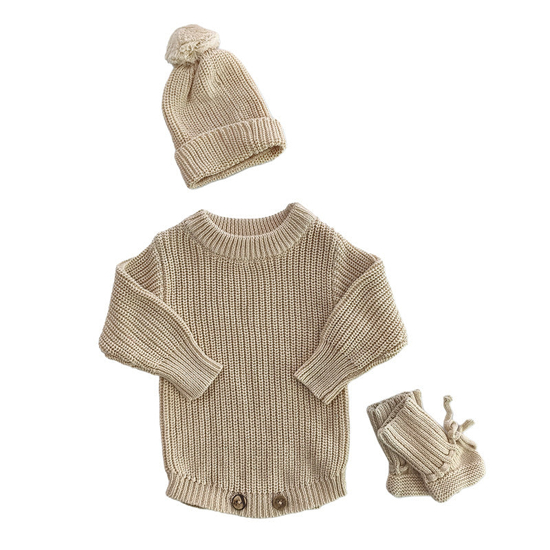Handmade Embroidered Custom Letter Baby Autumn Warm Bodysuit Romper Knit Sweater Crawling Suit