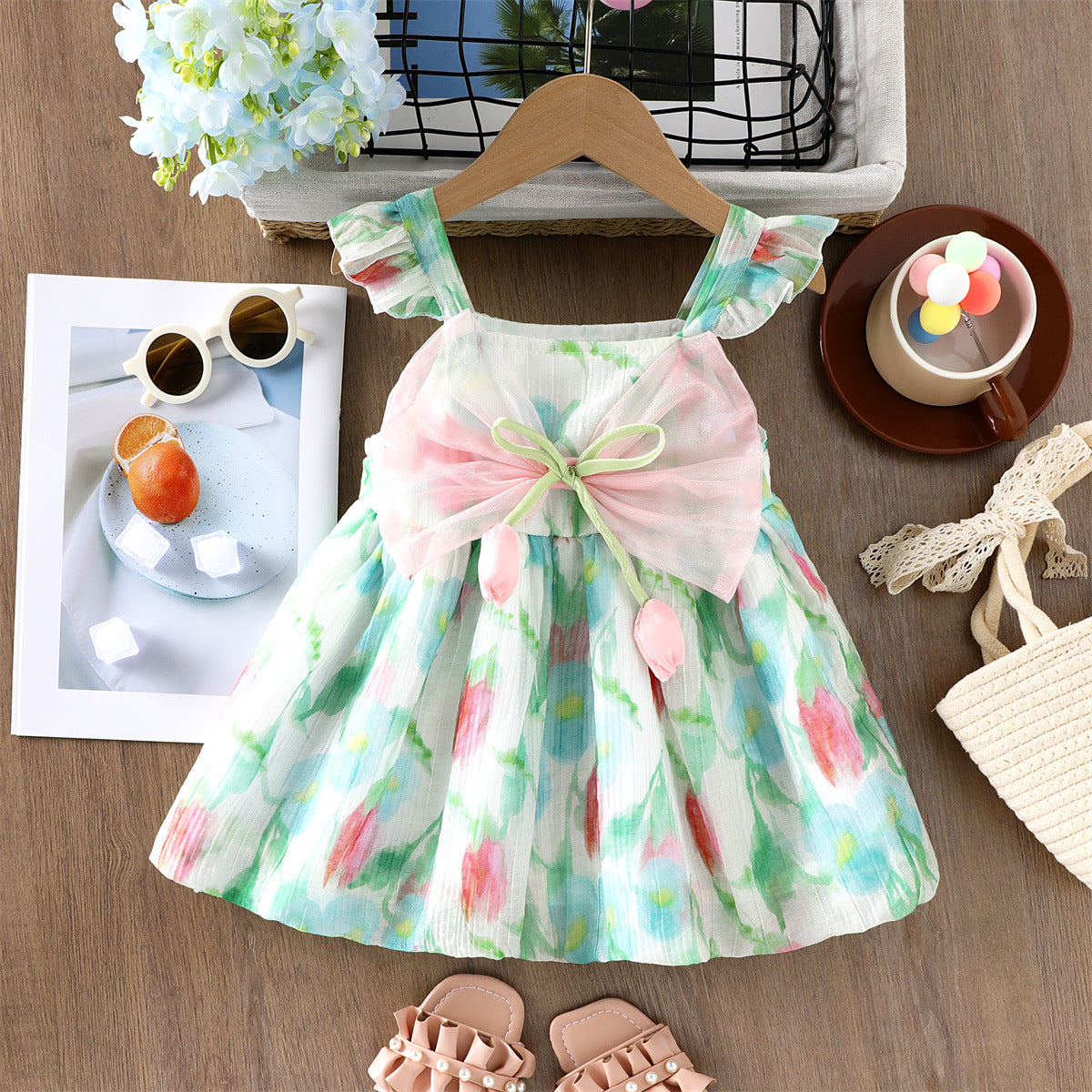 2026 Summer New Children's Dress with Tulip Print and Bow Tie, Stylish Princess Dress, Wholesale for Export
