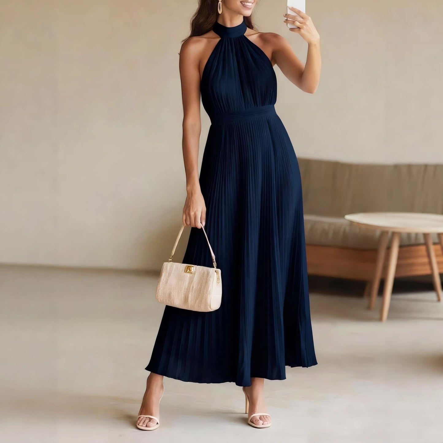 2026 Spring/Summer New Arrival Foreign Trade Beach Vacation Dress Sexy European and American Style Pleated Dress
