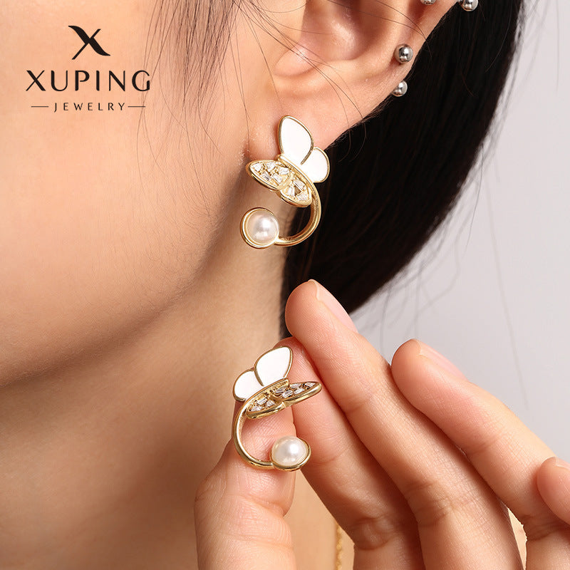 Xuping Jewelry Enamel Droplet Butterfly Imitation Pearl Earrings - Korean Style Niche Design Elegant Earrings Wholesale