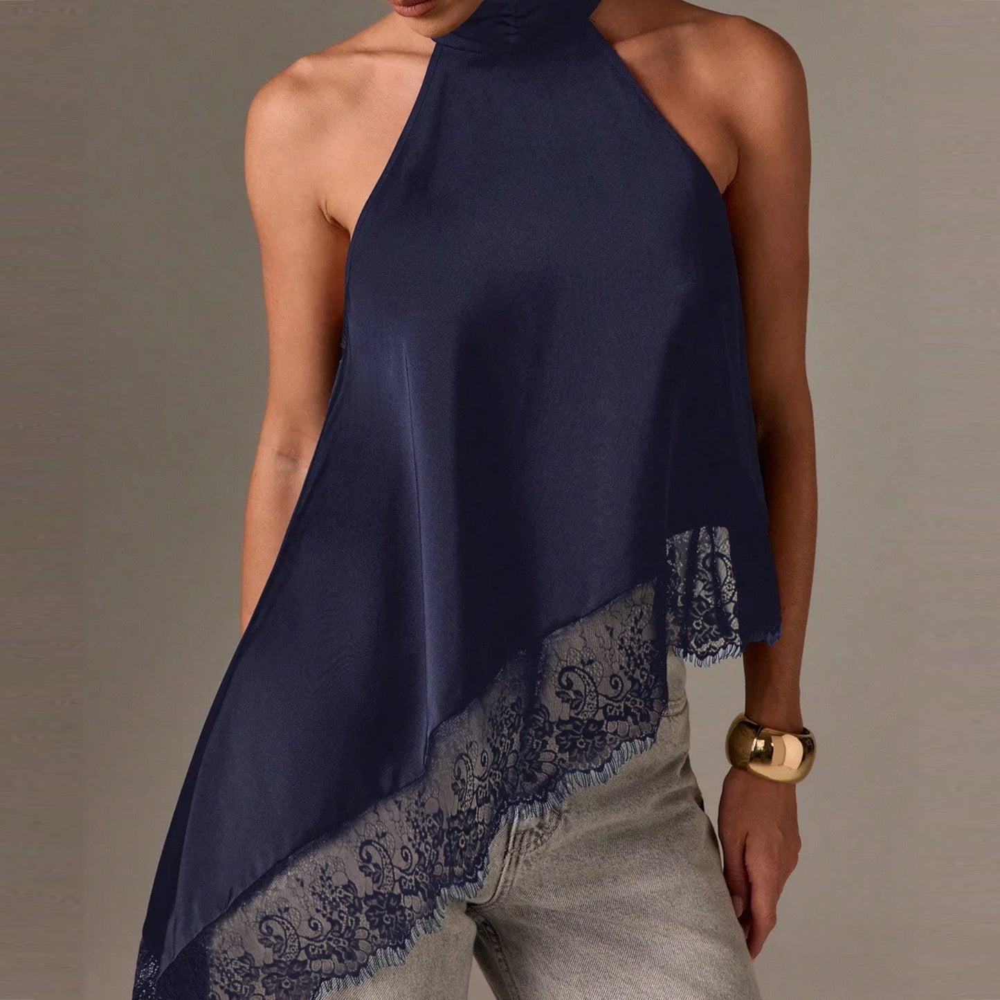 New Cross-Border Women's Sleeveless Lace Trim Asymmetrical Halter Neck Satin Vest in 15 Colors