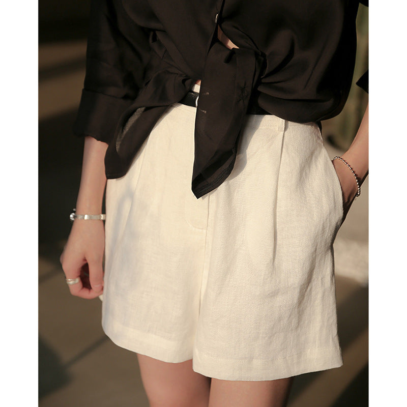 Old Qian Feng Linen Shorts for Women, Summer Slimming Linen and Cotton Style, Breathable Wide-leg High-waisted Casual Commuter Linen Pants