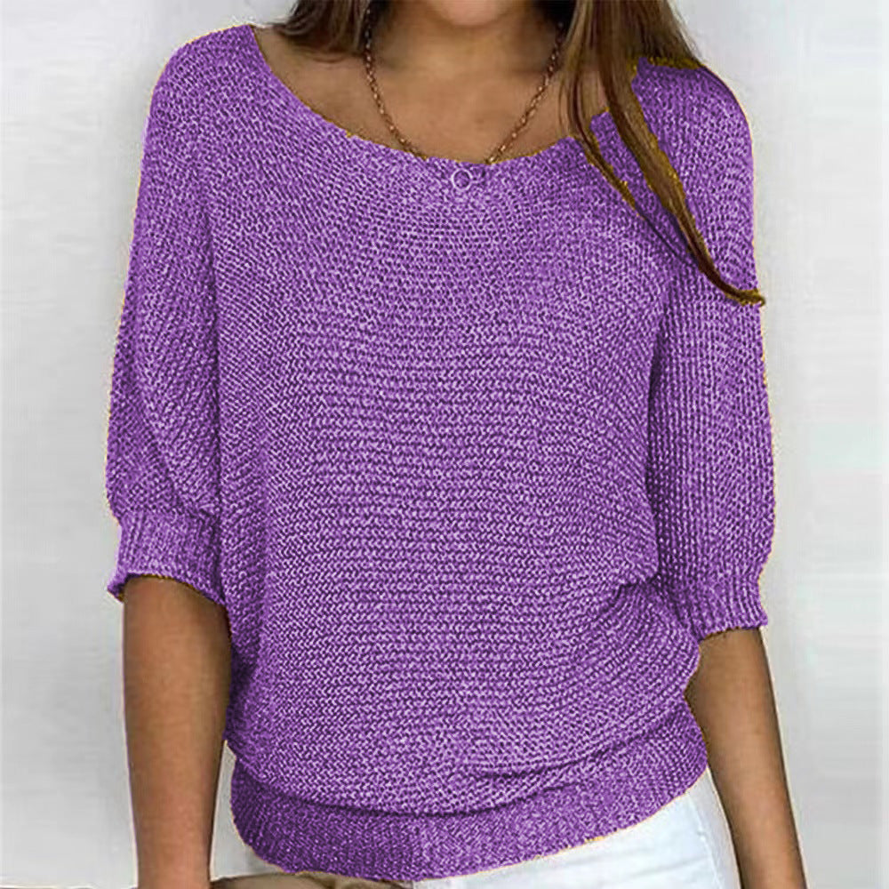 2026 New Russian Solid Color Crew Neck Knitted Top Women's Three-Quarter Sleeve Top Air Conditioning Shirt In Stock