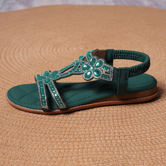 Bohemian 2026 New Cross-border Casual Rhinestone Flower Women's Comfortable Flat Sandals