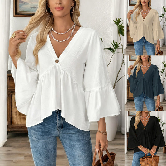 2026 European and American cross-border women's clothing, spring/summer new style, solid color V-neck ruffle sleeve cotton top for women.