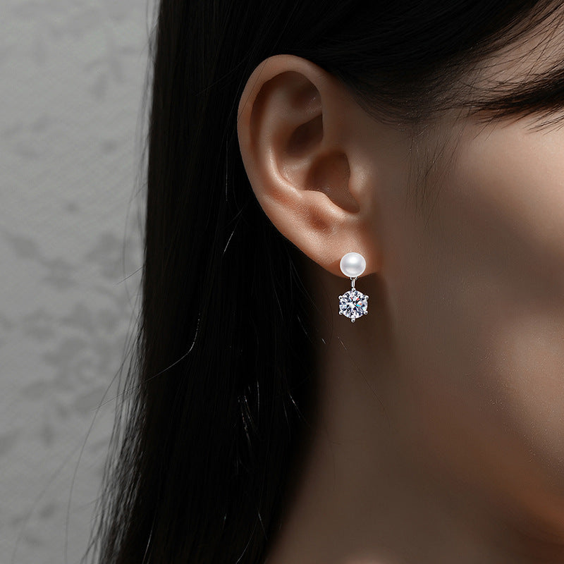 S925 sterling silver stud earrings, genuine natural freshwater pearl, classic six-prong earrings, 1-carat moissanite stud earrings