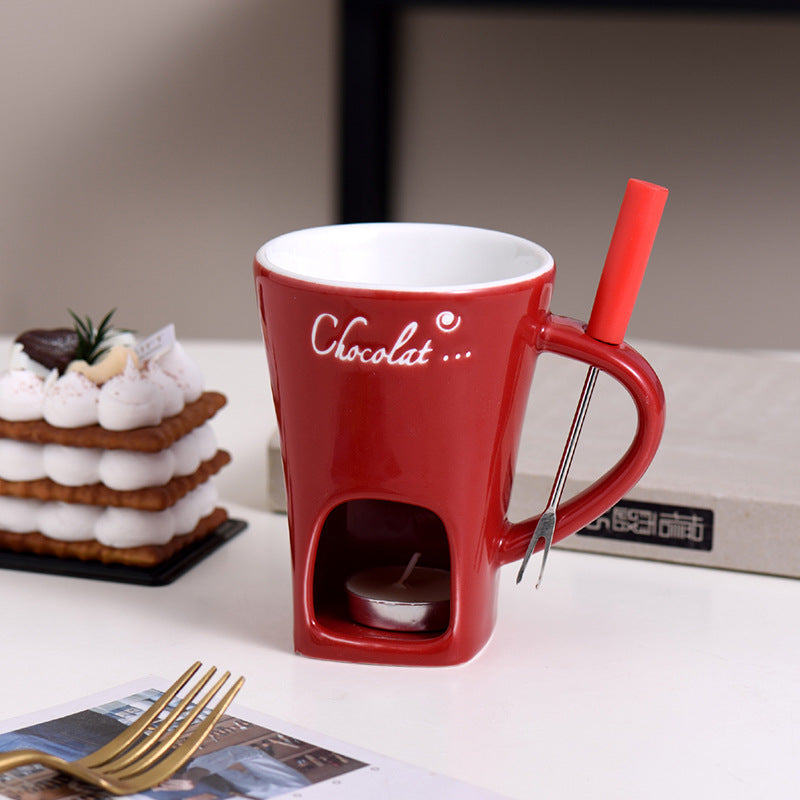Ceramic Chocolate Cup, Hot Pot Steamer Swiss Ice Cream Hot Pot Cup, Cheese Hot Pot Cup with Fork