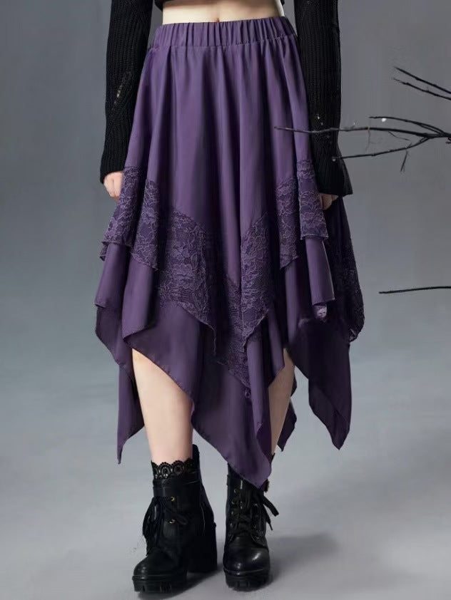 2026 European and American style large skirt Halloween literary retro patchwork lace midi skirt irregular women's skirt