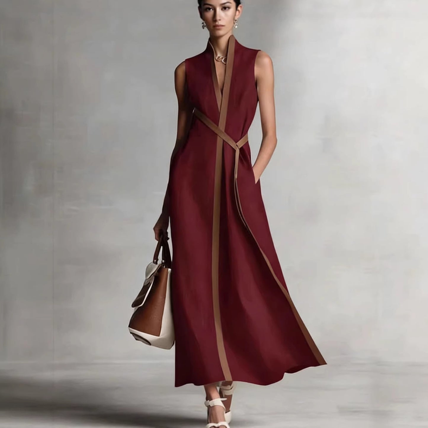 2026 Summer New Arrival Stand Collar Sleeveless Casual Color Block Loose Dress