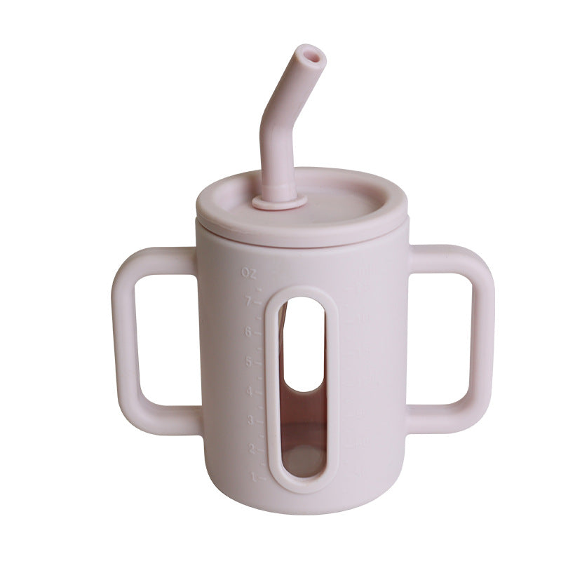 Cross-border Children's Drop-proof Double-layer Silicone Glass Children's Sippy Cup, Baby Food Supplement Water Cup, Silicone Straw Snack Cup