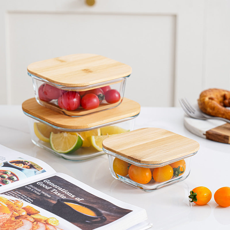 Bamboo and Wood Lid Glass Lunch Box, Can Be Put Into Microwave Oven and Refrigerator, Sealed Fresh-Keeping Box, Glass Bowl Bamboo Lid Lunch Box