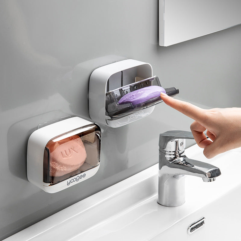 Soap Box Drain Toilet No Punching Shelf Wall-mounted Soap Box with Cover Dustproof Creative Flip Soap Box