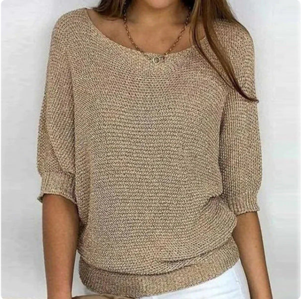 2026 New Russian Solid Color Crew Neck Knitted Top Women's Three-Quarter Sleeve Top Air Conditioning Shirt In Stock