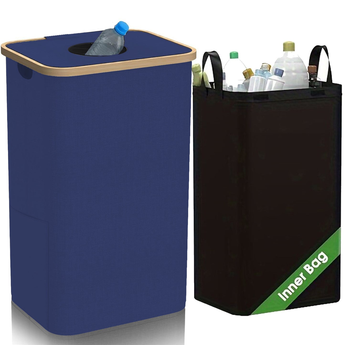 Bamboo Storage Basket with Lid Removable Recycling Bottle Storage Basket Trash Can Kitchen Home Folding Recycling Bin
