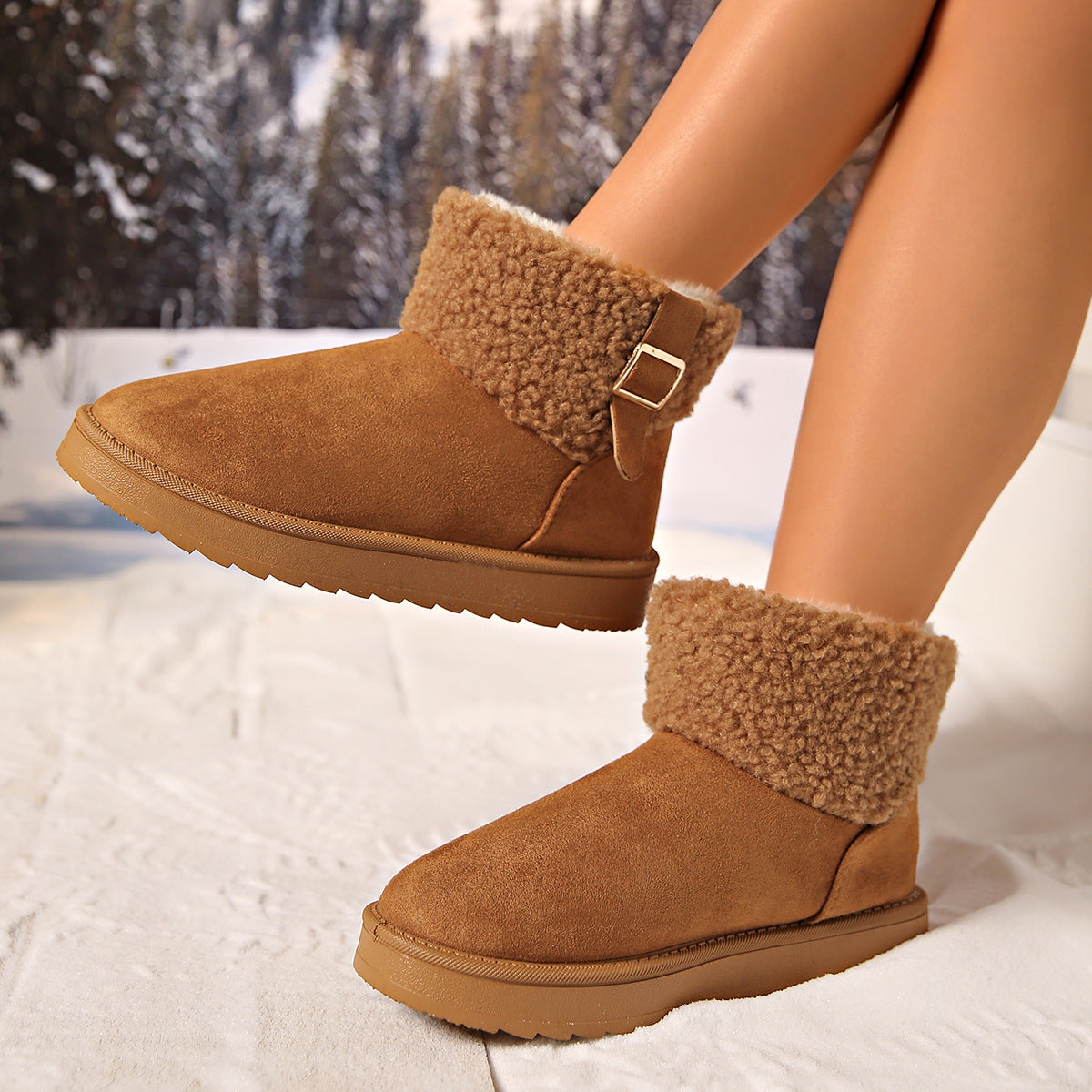 Thick-soled, Fleece-lined, Warm Snow Boots, 2025 Winter New Style, Plus Size, Thick-soled, Solid Color, Buckle, Slip-on Cotton Shoes for Women