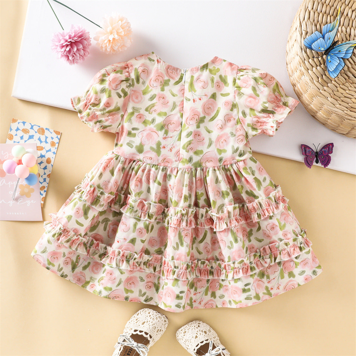 2026 New Summer Girls' Dress, Round Neck, Short Sleeve, Cotton Princess Dress, Tulip Design on Chest, Children's Clothing