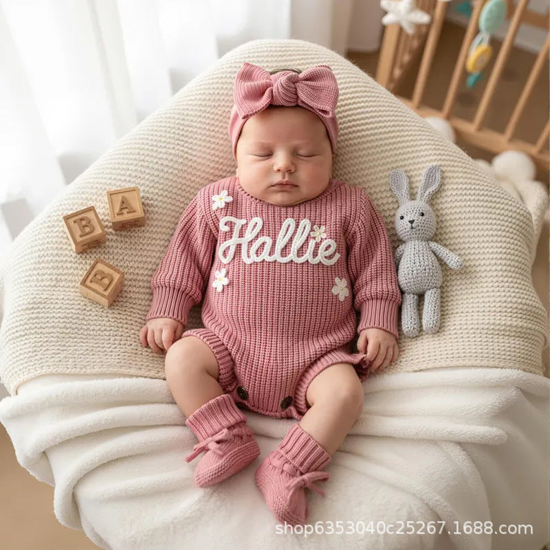 Handmade Embroidered Custom Letter Baby Autumn Warm Bodysuit Romper Knit Sweater Crawling Suit