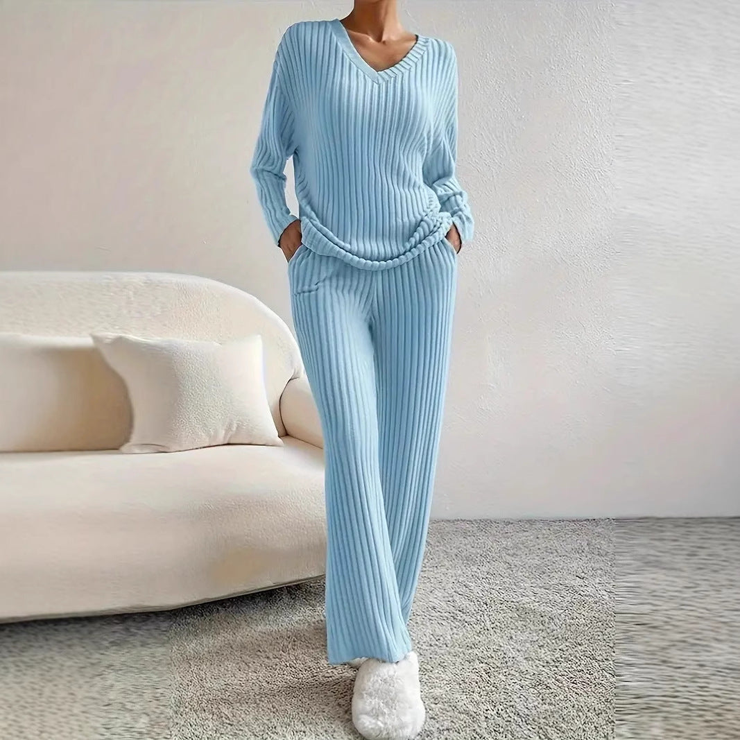 2025 Autumn Cross-Border New Style Home Fashion Casual Straight Leg Pants Elegant Loose V-Neck Ribbed Two-Piece Set