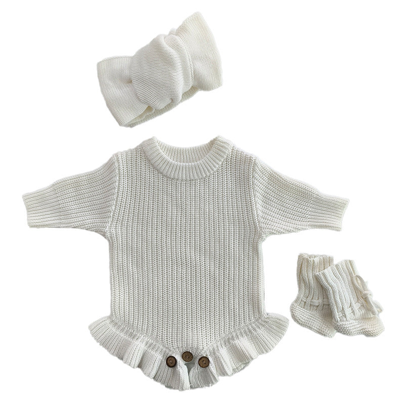 Handmade Embroidered Custom Letter Baby Autumn Warm Bodysuit Romper Knit Sweater Crawling Suit