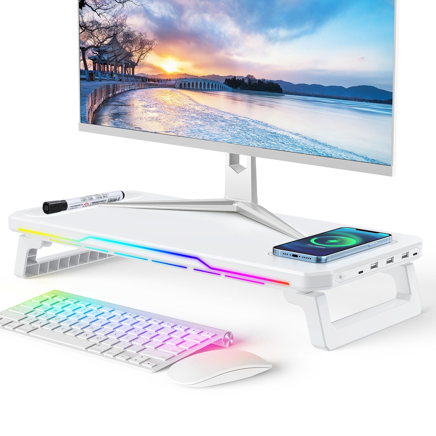 Cross-border Wireless Fast Charging RGB illuminated Computer Stand with HUB, Multi-functional Ergonomic Plastic Display Riser