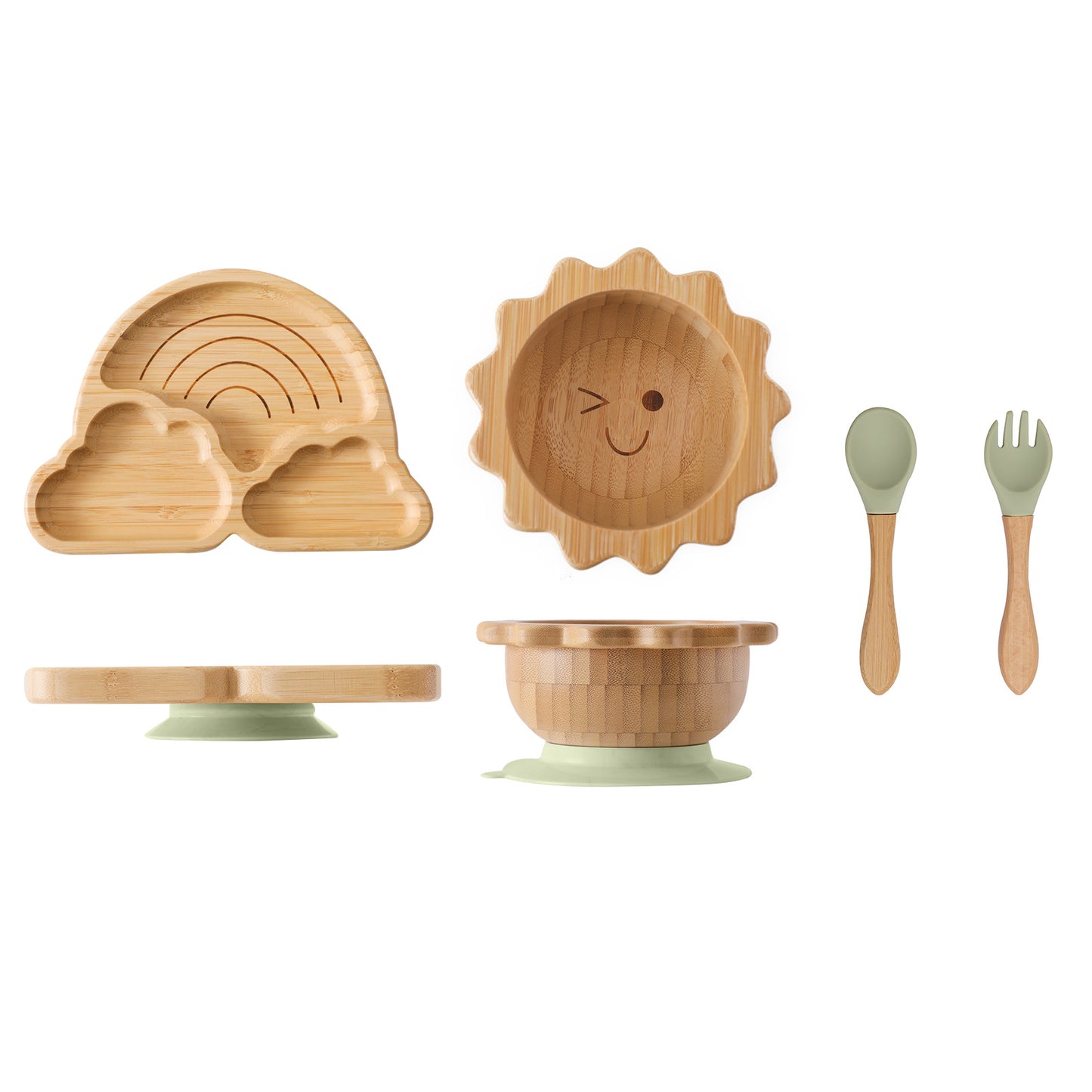 Cute Cartoon Children's Divided Dining Tray, Baby Eating Suction Cup Anti-Fall Bamboo Wooden Dining Tray, Baby Food Tableware