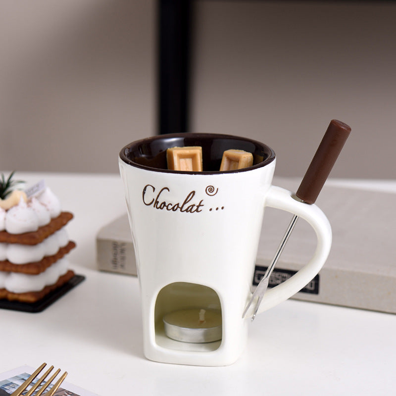 Ceramic Chocolate Cup, Hot Pot Steamer Swiss Ice Cream Hot Pot Cup, Cheese Hot Pot Cup with Fork