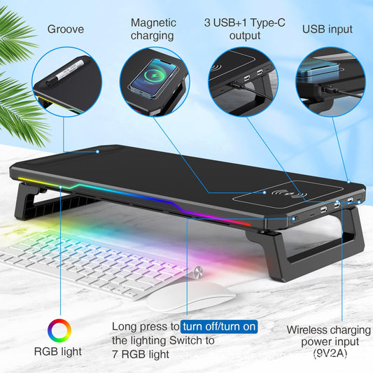 Cross-border Wireless Fast Charging RGB illuminated Computer Stand with HUB, Multi-functional Ergonomic Plastic Display Riser