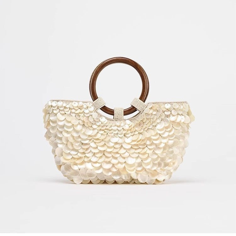 2025 Spring and Summer New Fairy Pure Handmade Shell Bag, Wooden Handle Handbag Hot Sale Chain Shoulder Messenger Bag