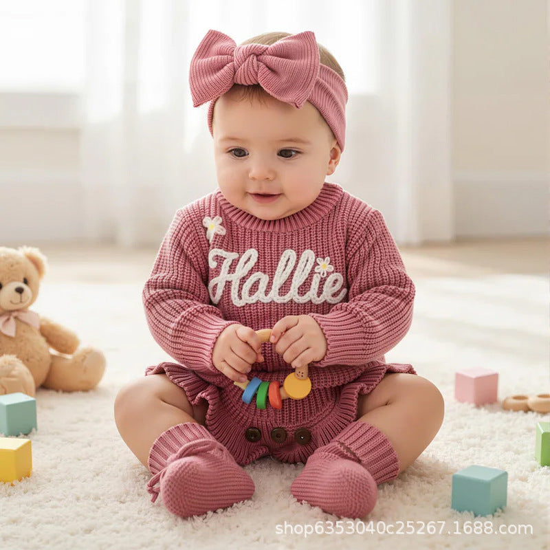 Handmade Embroidered Custom Letter Baby Autumn Warm Bodysuit Romper Knit Sweater Crawling Suit