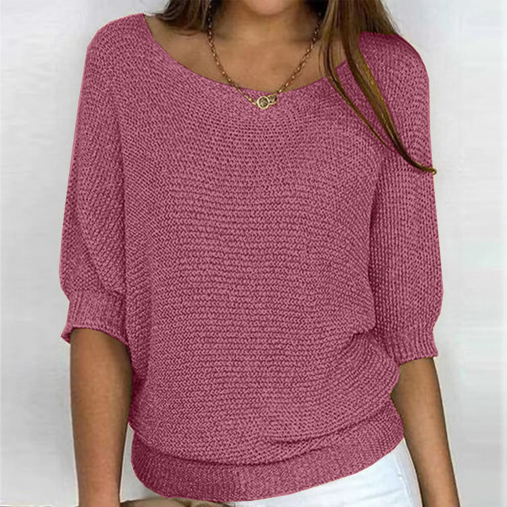 2026 New Russian Solid Color Crew Neck Knitted Top Women's Three-Quarter Sleeve Top Air Conditioning Shirt In Stock