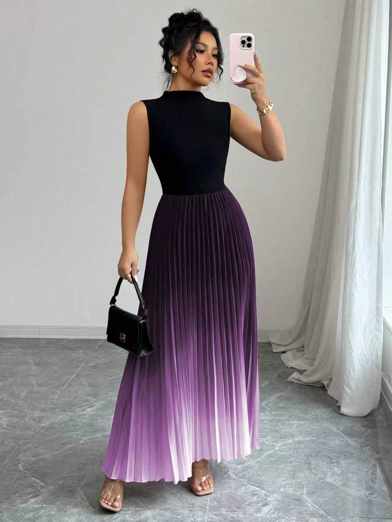 New Spring Arrivals from European and American Cross-border E-Commerce: Lightweight and Flowy Round Neck Sleeveless Gradient Color Dress