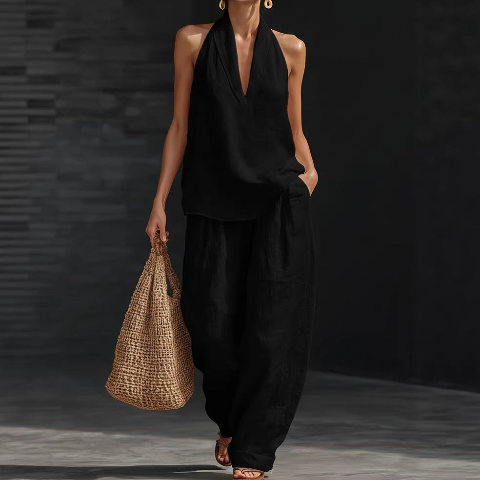 2026 Cross-border E-commerce Women's Clothing Halter V-neck Sleeveless Casual Suit