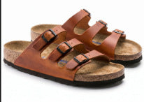 2026 New Genuine Leather Retro Style Birkenstock Shoes Women's Open-Toe Slingback Sandals with Three Rows of Square Buckles and Thick Sole Casual Sandals