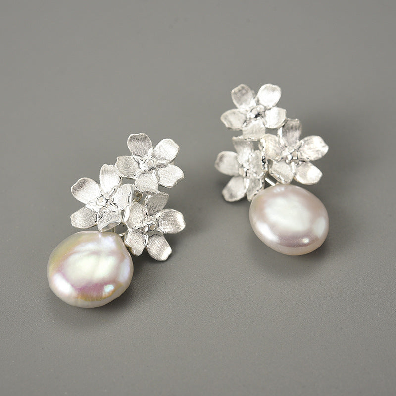 Forget-me-not Baroque S925 sterling silver earrings retro flower jewelry women