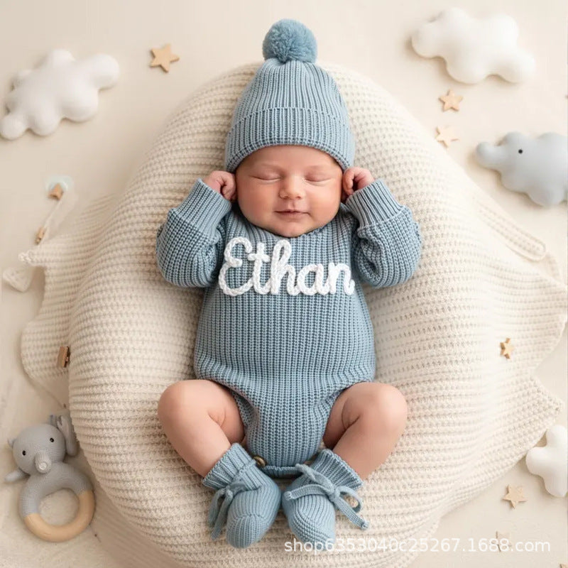 Handmade Embroidered Custom Letter Baby Autumn Warm Bodysuit Romper Knit Sweater Crawling Suit
