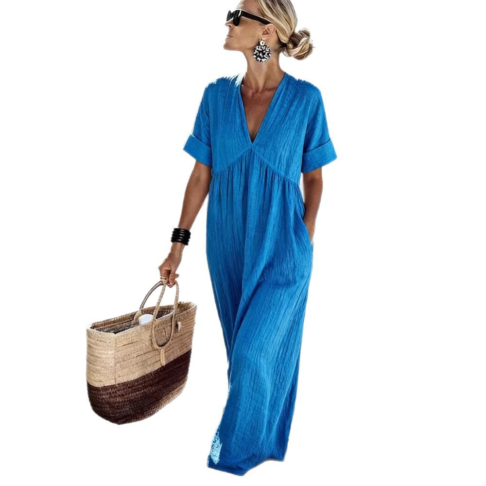 2026 New European and American Cross-border Trade Women's Clothing: Casual Vacation Style V-neck Short Sleeve Solid Color Women's Long Dress